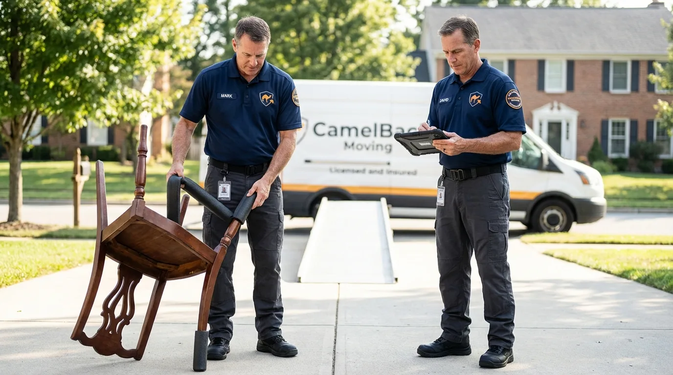 Movers inspecting furniture for damage prevention before loading in Thonotosassa, FL