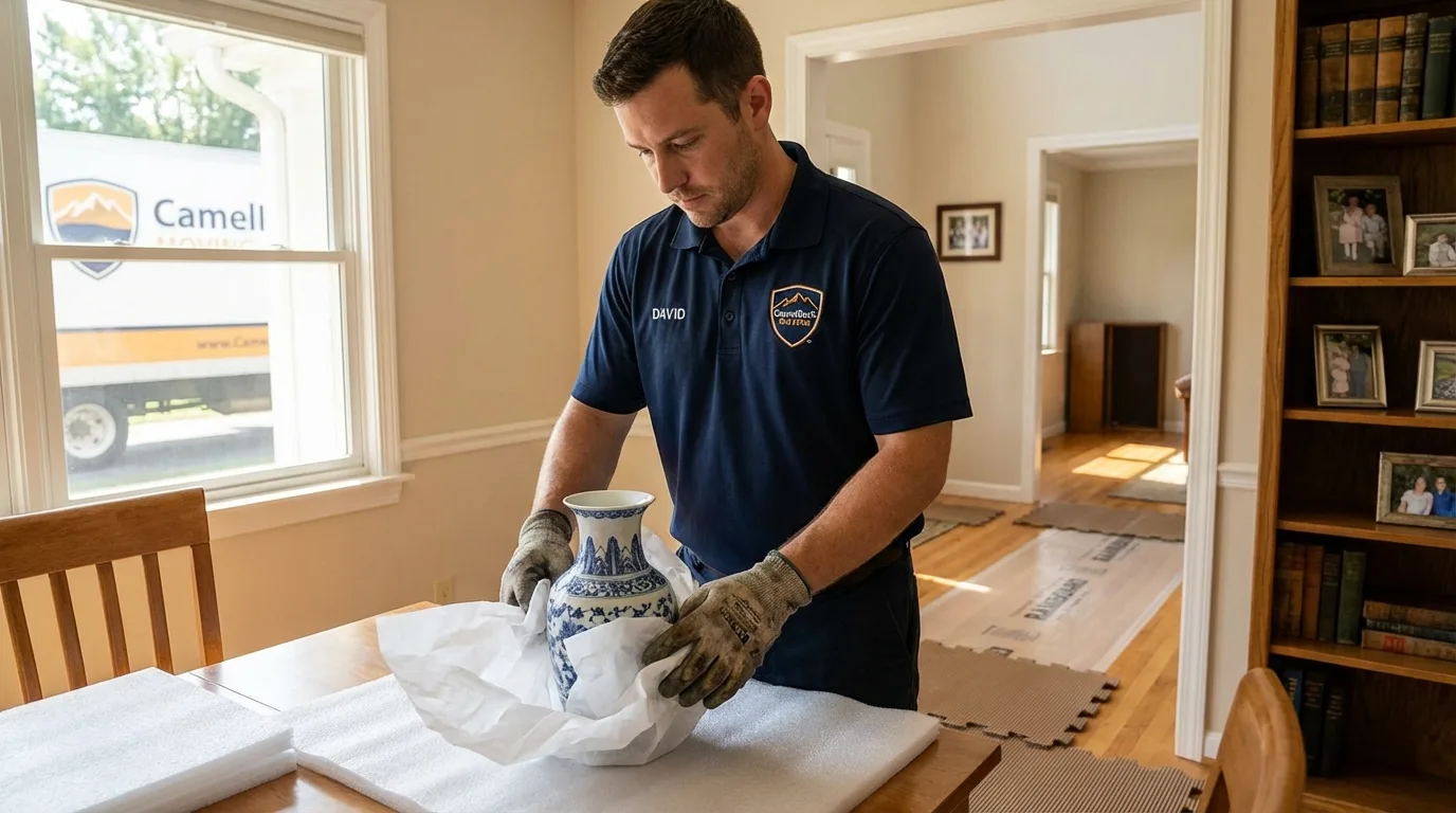 Professional crew carefully wrapping antique vase for senior downsizing move in Thonotosassa, FL